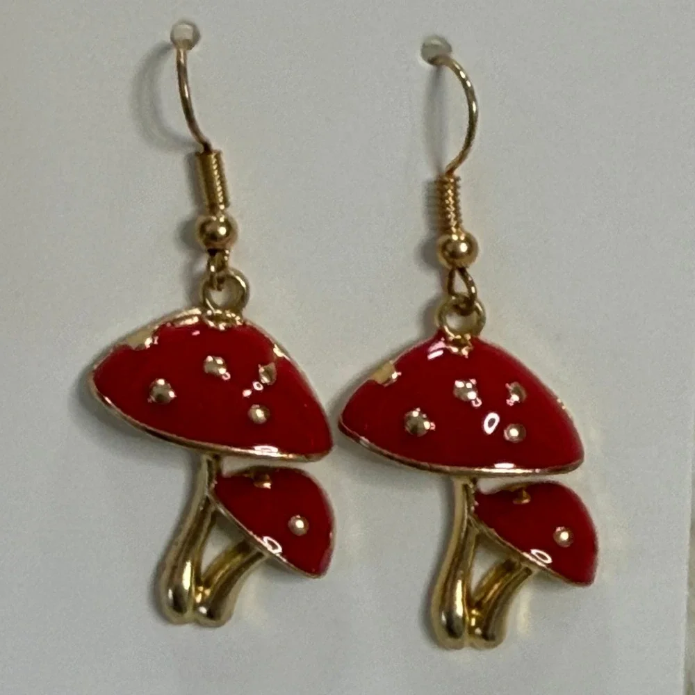 Red Mushroom Earrings Cottagecore Fairycore Enamel Toadstool Dangle Earrings